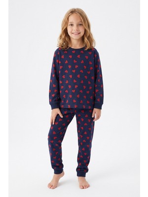 Pistyle Kız Çocuk Kalp Baskılı %100 Pamuk Süprem Kumaş Reaktif Boyama Uzun Kollu Pijama Takımı