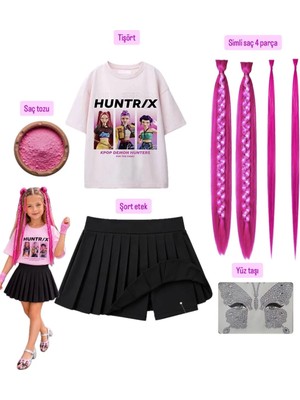 Bemora Kids Kpop Mira Huntrix Iblis Avcıları Baskılı Tişört+Etek ince kumaştır + Mira Pembe Simli Saç +Yüz Taşı+Saç Tozu Parti Doğum Günü