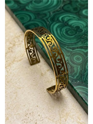 Velcari Kadın Arabesk Spiral Kıvrım Oymalı Gold Renk Ayarlanabilir Geniş Bileklik