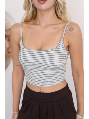 Dut Store Ince Askılı Kendinden Kaplı Crop Bluz Gri