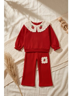 Hoppa Kız Çocuk Çilek Nakışlı Dantel Yakalı Fitilli Kırmızı Alt Üst Takım - Pamuklu Vintage Stil Örme Set