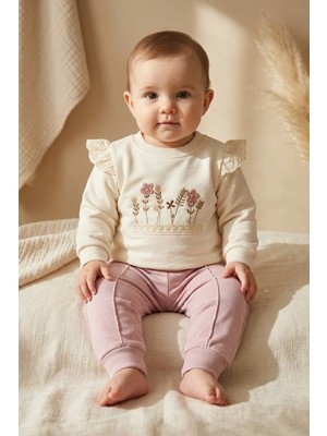 Hoppa Kız Bebek Nakışlı Fisto Detaylı Pamuklu Sweatshirt ve Eşofman Altı Ikili Takım - Krem ve Lila
