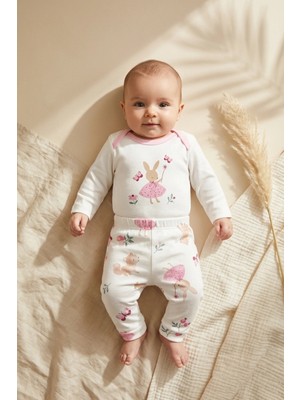 Hoppa Kız Bebek %100 Pamuklu Pembe Tavşan Desenli 2'li Takım - Uzun Kollu Body ve Esnek Pantolon Seti