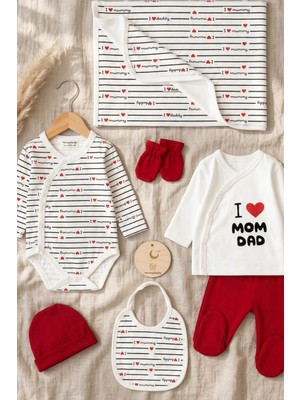 Hoppa Mammy&daddy %100 Pamuklu 7'li Bebek Hastane Çıkış Seti - Kırmızı Çizgili I Love Mom & Dad Tasarımlı