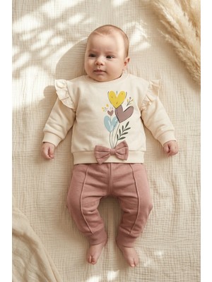 Hoppa Aria Bloom Kız Bebek Fırfır Detaylı Kalp Desenli Alt Üst Takım - %100 Pamuklu Gül Kurusu & Krem Swe