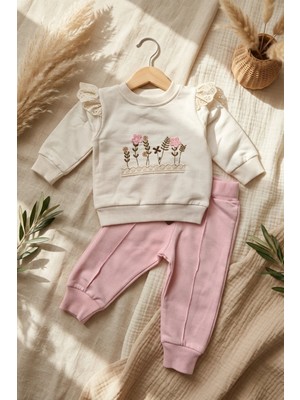 Hoppa Kız Bebek Nakışlı Fisto Detaylı Pamuklu Sweatshirt ve Eşofman Altı Ikili Takım - Krem ve Pembe