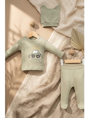 Hoppa Sage Yeşili Pamuklu 3’lü Bebek Takımı - Little Cool Dude Nakışlı Kimono Üst, Patikli Alt ve Bere Se