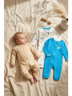 Hoppa 3'lü Fitilli Kaşkorse Pamuklu Erkek Bebek Tulumu Seti - Çene Korumalı Fermuarlı Yumuşak Pijama Takı