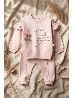 Hoppa Kız Bebek Somon Kalp Baskılı Fırfırlı Sweatshirt ve Pantolon Takımı - %100 Pamuklu Şık Ikili Kombin