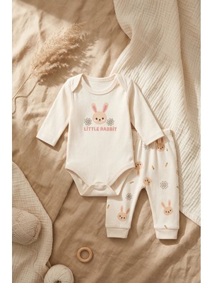 Hoppa Kız Bebek %100 Pamuklu Rabbit Krem Desenli 2'li Takım - Uzun Kollu Body ve Esnek Pantolon Seti