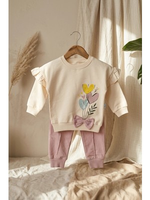 Hoppa Aria Bloom Kız Bebek Fırfır Detaylı Kalp Desenli Alt Üst Takım - %100 Pamuklu Somon & Krem Sweatshi