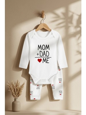 Hoppa %100 Pamuklu 'mom+Dad=me' Yazılı Uzun Kollu Bebek Bodysuit ve Desenli Pantolon 2'li Set