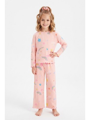 Pistyle Kız Çocuk Tokalı Gökkuşağı ve Yıldız Desenli %100 Pamuk Uzun Kollu Pijama Takımı