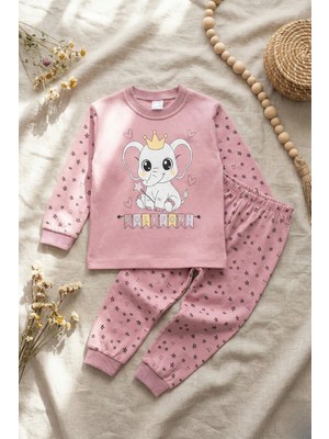 Hoppa Taçlı Fil Desenli % 100 Pamuk Kız Çocuk Pijama Takımı