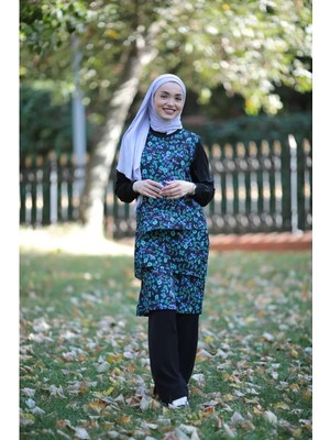 Butik Kadın Çiçekli Tunik Mavi Siyah
