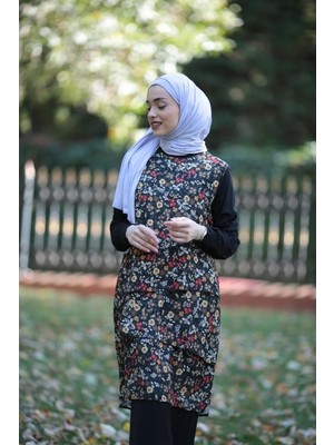 Butik Kadın Çiçekli Tunik Mavi Siyah