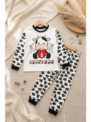 Hoppa Inek Kalp Desenli % 100 Pamuk Unisex Pijama Takımı
