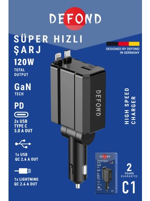 Defond USB C Type-C Araç Şarj Aleti, 4'ü 1 Arada Hızlı Şarj Araç 120W Araç USB Çakmaklık Şarj Cihazı