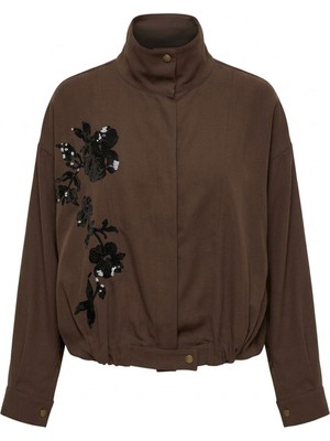 Magarde Gabardin Nakış Işlemeli Bomber Ceket- Kahverengi