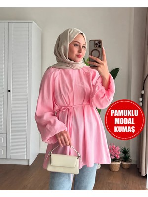 Moonsc Kadın Balon Kol Bel Bağlamalı Pamuklu Modal Kumaş Pembe Tesettür Tunik
