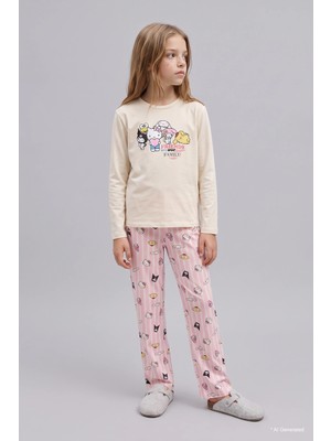 DeFacto %100 Pamuk Hello Kitty Uzun Kollu Pijama Üstü Esnek Belli Uzun Pijama Altı 2'li Takım Kız Çocuk I1876A826AU