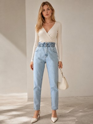 Shevega Kadın Buzkar Yüksek Bel Çift Düğmeli Kemer Büzgülü Mom Jeans Kot Pantolon