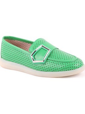 Libero L039.8713 Hakiki Deri Delikli Nefes Alabilir Geometrik Metal Toka Detaylı Kadın Comfort Casual Loafer Ayakkabı