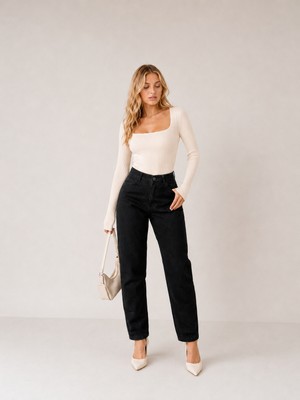 Shevega Kadın Siyah Tam Kalıp Yüksek Bel Mom Denim/kot Pantolon Jeans