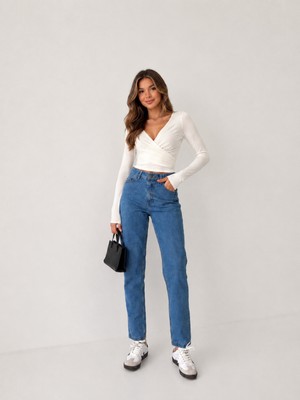 Shevega Kadın Siyah Tam Kalıp Yüksek Bel Mom Denim/kot Pantolon Jeans