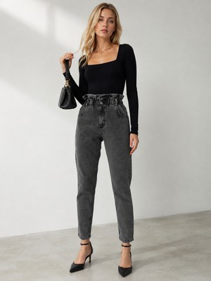 Shevega Kadın Karsiyah Yüksek Bel Çift Düğmeli Kemer Büzgülü Mom Jeans Kot Pantolon