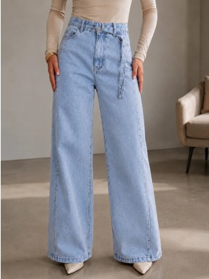 Shevega Kadın Kuşak Kemerli Bol Paça Palazzo Jeans Salaş Kot Pantolon