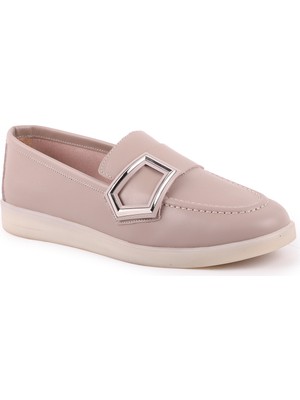 Libero L039.8712 Hakiki Deri Geometrik Metal Toka Detaylı Esnek Taban Kadın Comfort Casual Loafer Ayakkabı