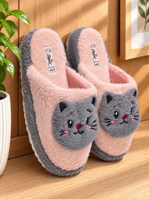 ModaFrato Kedi Yüzü Model Kadın Ev Terliği - Sıcak Tutan Pofuduk Terlik Ses Yapmaz Taban