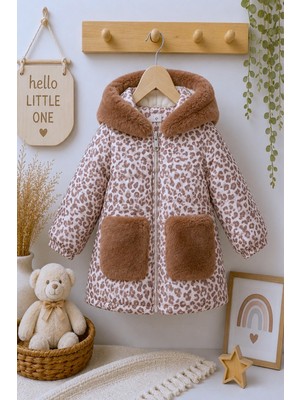 DeKuBaby Yeni Sezon Leopar Desenli Kapüşonlu Içi Peluş Kürklü Fermuarlı Kalın Kışlık Şişme Kız Çocuk Mont-Kaban