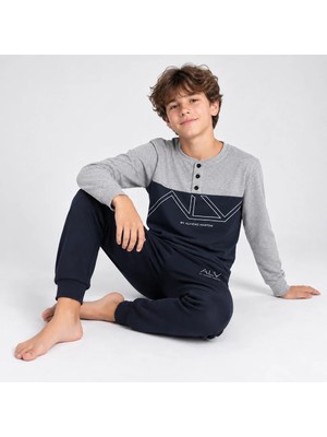 Bonbon Genç Erkek Pamuklu Yakası Düğmeli Cepli Hediyelik Gri - Lacivert Renk Alt Üst Pijama Takımı AL008 V2 BB2439