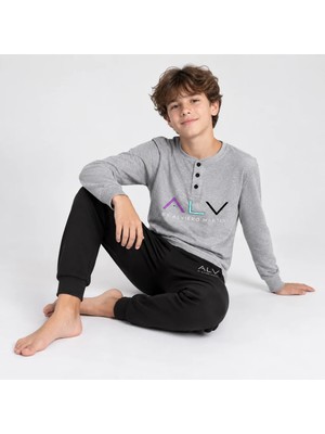 Bonbon Genç Erkek Pamuklu Yakası Düğmeli Cepli Hediyelik Gri Melanj Renk Alt Üst Pijama Takımı AL009 V1 BB2440