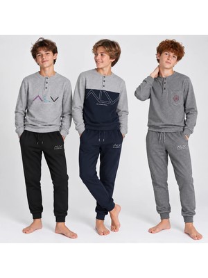 Bonbon Genç Erkek Pamuklu Yakası Düğmeli Cepli Hediyelik 3 Adet 2'li Alt Üst Pijama Takımı (AL009 V1,AL008 V2, AL007 V2) BB2488
