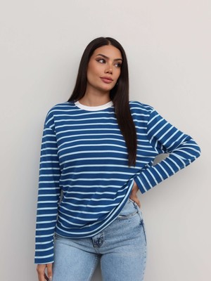 Esra Helvacı Çizgili Oversize Uzun Kollu Bluz