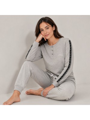 Bonbon Kadın Pamuklu Yakası Düğmeli Cepli Hediyelik Bohçalık Ve Çeyizlik Gri Renk Pijama Takımı AL507 V2