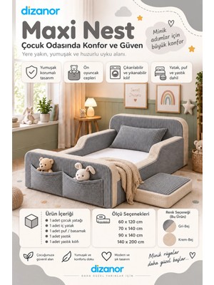 Dizanor Yeni Nesil Maxi Nest %100 Sünger ve Yıkanabilir Fermuarlı Kumaşa Sahip Bebek, Çocuk ve Genç Montessori Karyola Baza ve Başlık Yatağı Seti