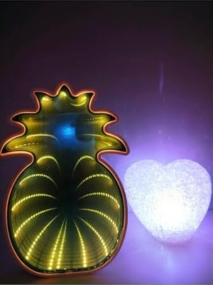TeknoKapsül Işık KASABASI(164) Ayna Yansımalı Sarı Ananas ve Rcb Damla Silikon Kalp LED Gece Lambası Sarı
