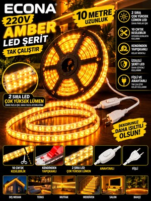 Econa 10 Metre Amber 220V LED Şerit ,tak Çalıştır Set, Fişli Anahtarlı Esnek Şerit Led, ,turuncu Led,mutfak,tezgah Ledi,led Şerit Işık ,ambiyans Işık Havuzu, Kendinden Yapışkanlı,kehribar LED