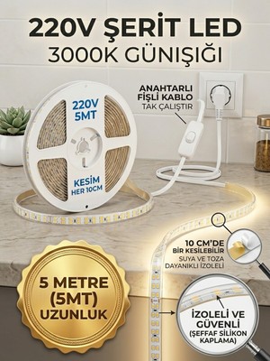 Econa 5 Metre 3000K-GÜNIŞIĞI 220V LED Şerit ,tak Çalıştır Set, Fişli Anahtarlı Esnek Şerit Led, ,turuncu Led,mutfak,tezgah Ledi,led Şerit Işık ,ambiyans Işık Havuzu, Kendinden Yapışkanlı,kehribar LED