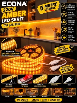 Econa 5 Metre Amber 220V LED Şerit ,tak Çalıştır Set, Fişli Anahtarlı Esnek Şerit Led, ,turuncu Led,mutfak,tezgah Ledi,led Şerit Işık ,ambiyans Işık Havuzu, Kendinden Yapışkanlı,kehribar LED