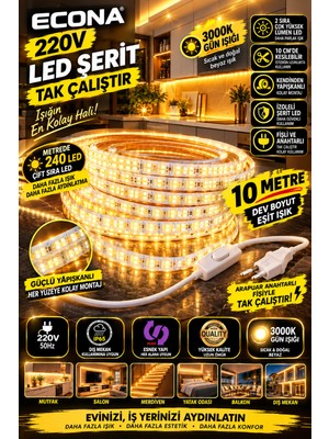 Econa 10 Metre Günışığı 3000K- 220V LED Şerit ,tak Çalıştır Set, Fişli Anahtarlı Esnek Şerit Led, Mutfak,tezgah Ledi,led Şerit Işık ,ambiyans Işık Havuzu, Kendinden Yapışkanlı,kehribar LED