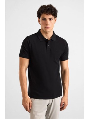 Süvari Siyah Slim Düz Baskısız Pike Düğmeli Polo Yaka Tişört