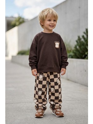 Babymod Çocuk Kahverengi Pamuklu 2'li Bisiklet Yaka Sweatshirt ve Dama Desenli Alt Üst Takım
