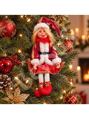 BeySüS Yılbaşı Çam Ağacı Süsü Fuşya Uzun Saçlı Elf Figürü 36 cm
