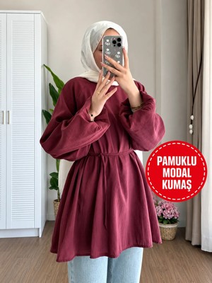 Moonsc Kadın Balon Kol Bel Bağlamalı Modal Kumaş Bordo Tesettür Tunik