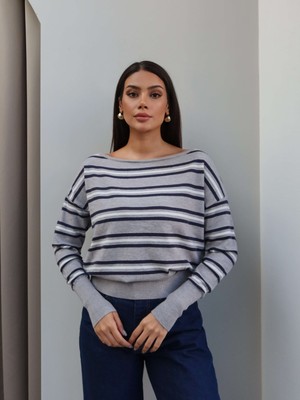 Esra Helvacı Çizgili Tek Omuz Ince Triko Kazak
